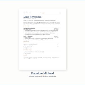 May include: A resume template with a minimalist design. The document features a clean layout with the name "Maya Hernandez" at the top, followed by experience, education, and skills sections. The text "Premium Minimal" is at the bottom.