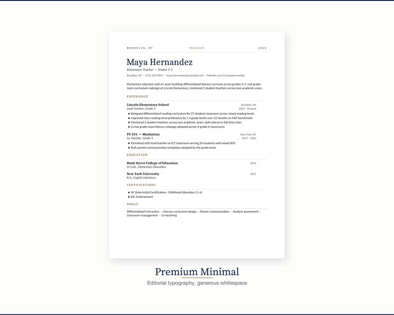May include: A resume template with a minimalist design. The document features a clean layout with the name "Maya Hernandez" at the top, followed by experience, education, and skills sections. The text "Premium Minimal" is at the bottom.