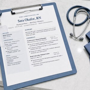 Puede incluir: Un portapapeles azul con un curr&iacute;culum vitae, un estetoscopio y uniformes azules. El curr&iacute;culum es para una enfermera registrada, Sara Okafor, e incluye su experiencia y certificaciones. El estetoscopio es azul oscuro.
