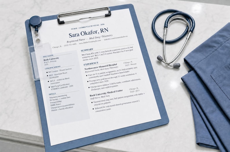 Puede incluir: Un portapapeles azul con un curr&iacute;culum vitae, un estetoscopio y uniformes azules. El curr&iacute;culum es para una enfermera registrada, Sara Okafor, e incluye su experiencia y certificaciones. El estetoscopio es azul oscuro.
