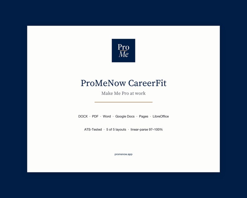 Puede incluir: Gr&aacute;fico digital con el texto "ProMeNow CareerFit" y "Make Me Pro at work". La imagen incluye una lista de tipos de archivos compatibles y una direcci&oacute;n de sitio web. El fondo es blanco con un borde azul oscuro.