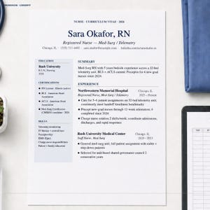 May include: A professional resume for Sara Okafor, RN, a Registered Nurse specializing in Med-Surg and Telemetry. The document lists education, certifications, skills, and work experience at Northwestern Memorial Hospital and Rush University Medical Center.