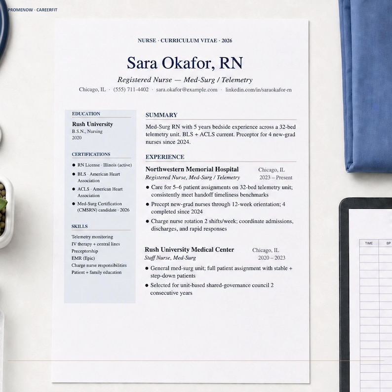 May include: A professional resume for Sara Okafor, RN, a Registered Nurse specializing in Med-Surg and Telemetry. The document lists education, certifications, skills, and work experience at Northwestern Memorial Hospital and Rush University Medical Center.