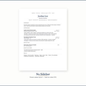 May include: A resume template with the name "Jordan Lee" at the top, listing experience, education, certifications, and skills. The resume is in a clean, minimalist design with a white background and black text. The text "No Sidebar" is at the bottom.