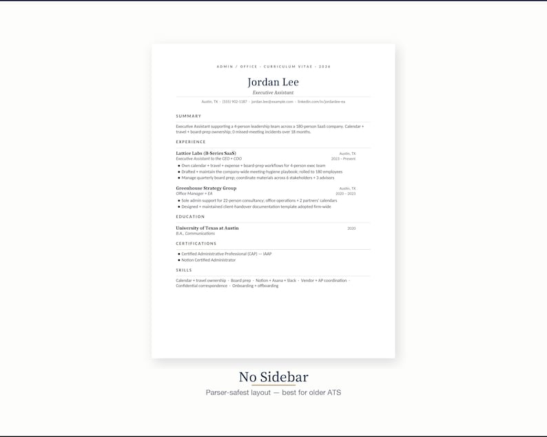 May include: A resume template with the name "Jordan Lee" at the top, listing experience, education, certifications, and skills. The resume is in a clean, minimalist design with a white background and black text. The text "No Sidebar" is at the bottom.