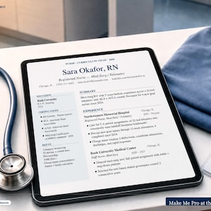 May include: A digital tablet displaying a nurse's resume, a stethoscope, and a blue medical scrub top. The resume includes details about education, certifications, and work experience. The text "Make Me Pro at the Interview" is visible.