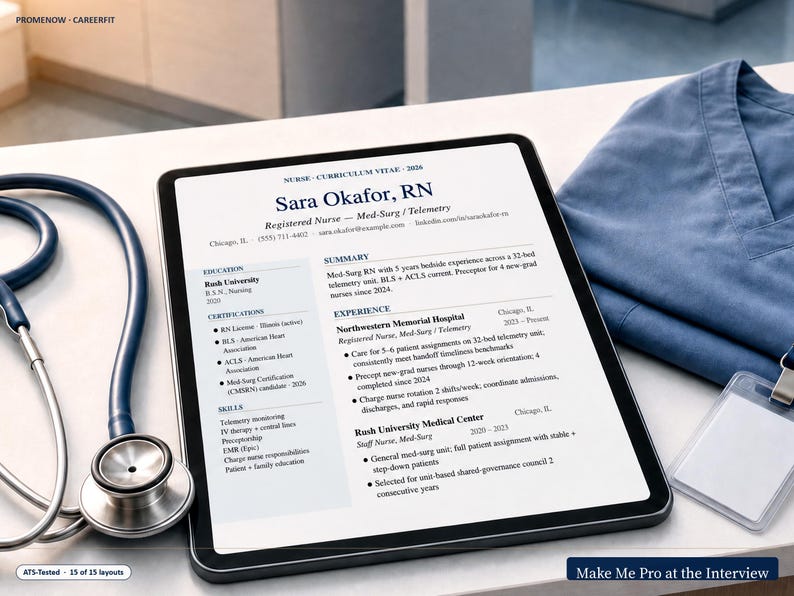 May include: A digital tablet displaying a nurse's resume, a stethoscope, and a blue medical scrub top. The resume includes details about education, certifications, and work experience. The text "Make Me Pro at the Interview" is visible.