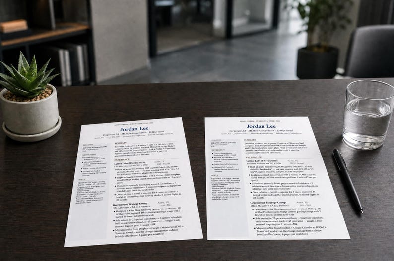 May include: Two resumes with the name "Jordan Lee" are displayed on a dark wooden table. A succulent plant in a concrete pot, a glass of water, and a black pen are also on the table. The resumes are printed on white paper.