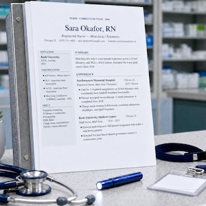 May include: A nurse's resume in a binder, with a stethoscope, pen, and ID badge. The resume is titled "NURSE CURRICULUM VITAE" and lists experience and certifications. A small succulent plant in a white pot is on the left.