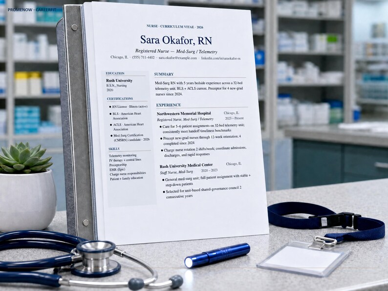 May include: A nurse's resume in a binder, with a stethoscope, pen, and ID badge. The resume is titled "NURSE CURRICULUM VITAE" and lists experience and certifications. A small succulent plant in a white pot is on the left.
