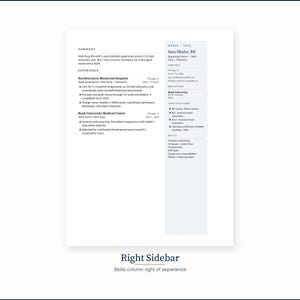 Puede incluir: Un documento blanco con texto negro, que presenta un resumen, experiencia y habilidades. El documento incluye el nombre Sara Okafor, RN. El texto "Right Sidebar" y "Skills column right of experience" est&aacute;n en la parte inferior.