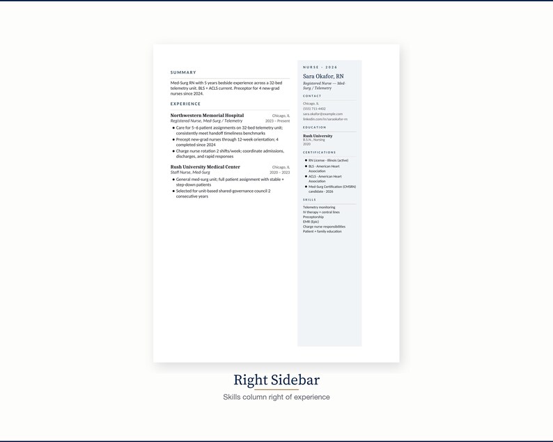 Puede incluir: Un documento blanco con texto negro, que presenta un resumen, experiencia y habilidades. El documento incluye el nombre Sara Okafor, RN. El texto "Right Sidebar" y "Skills column right of experience" est&aacute;n en la parte inferior.