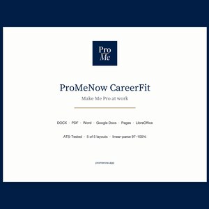 May include: A white background with the text "ProMeNow CareerFit" and "Make Me Pro at work." Below are file types: DOCX, PDF, Word, Google Docs, Pages, and LibreOffice. The text "ATS-Tested" and "promenow.app" are also visible.