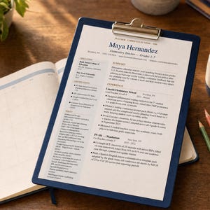 May include: A resume on a blue clipboard with the name "Maya Hernandez" is displayed on a wooden desk. A notebook, pencils, and a mug of coffee are also present. The resume is for an elementary teacher.