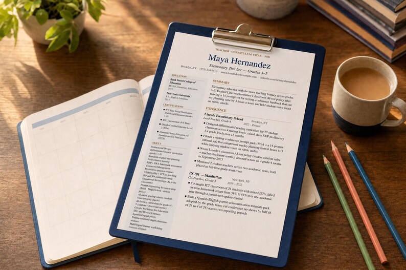 May include: A resume on a blue clipboard with the name "Maya Hernandez" is displayed on a wooden desk. A notebook, pencils, and a mug of coffee are also present. The resume is for an elementary teacher.