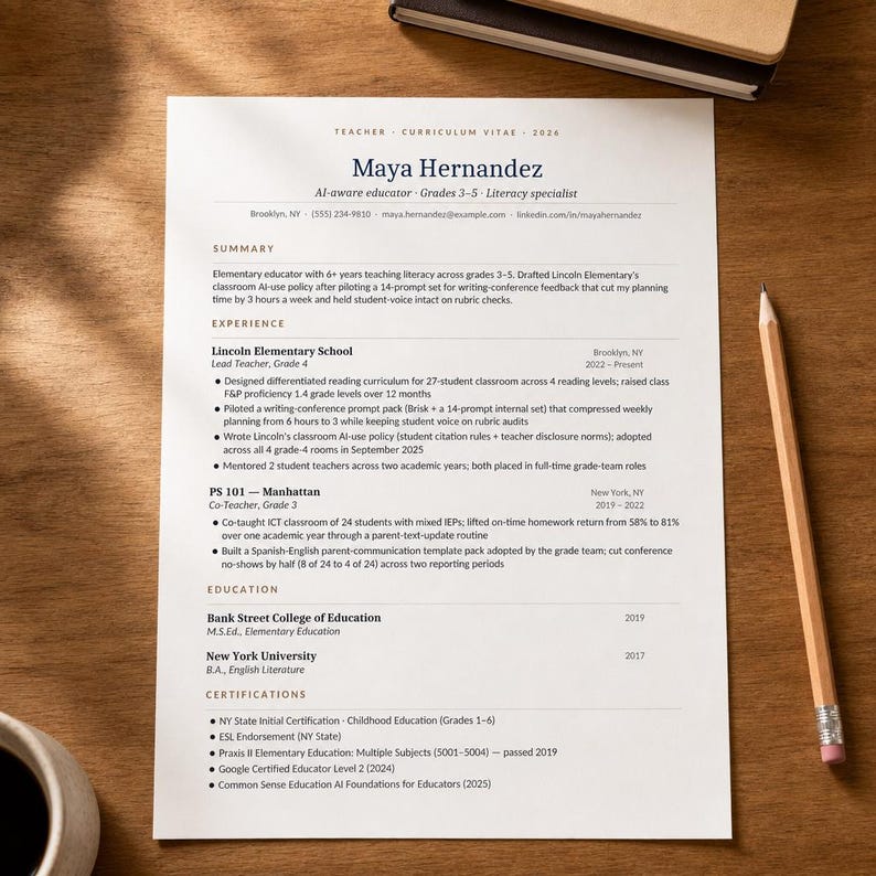 May include: A resume for Maya Hernandez, an Al-aware educator specializing in grades 3-5 literacy. The document includes a summary of her experience, details of her work at Lincoln Elementary School and PS 101, and her educational background and certifications. A pencil rests on the right side.