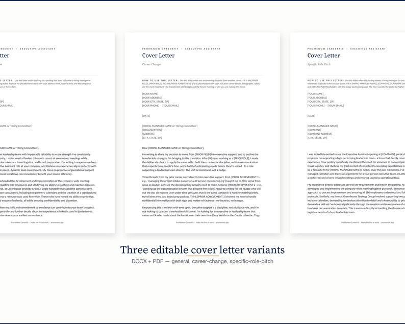 May include: Three editable cover letter templates in DOCX and PDF formats. The cover letters are for general use, career changes, and specific role pitches. The text is black on a white background.