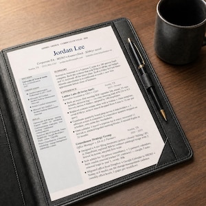 May include: A resume titled "Jordan Lee" is displayed in a black leather portfolio on a wooden surface. A black pen, a stapler, a mug, and a small potted succulent are also on the table. The resume lists experience and skills.