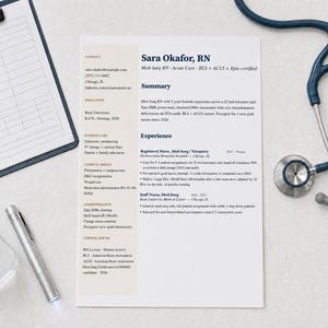 May include: A resume for Sara Okafor, RN, with a stethoscope, clipboard, hand sanitizer, and pen. The resume includes contact information, education, patient care, clinical skills, and administrative experience. The stethoscope is dark blue.