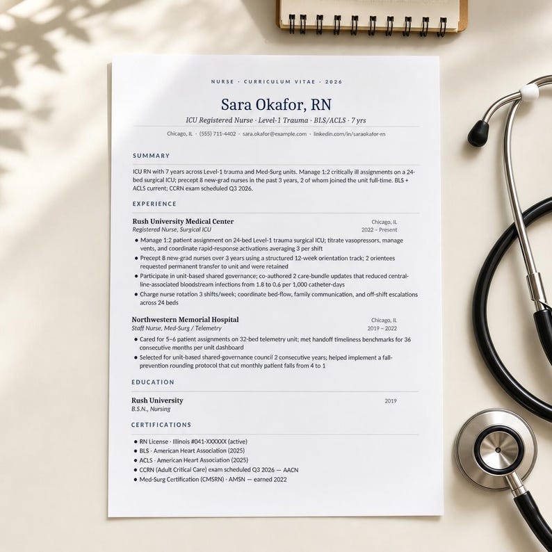 Puede incluir: Un curr&iacute;culum vitae titulado "NURSE - CURRICULUM VITAE 2024" para Sara Okafor, RN, con un estetoscopio en el fondo. El curr&iacute;culum vitae enumera la experiencia, la educaci&oacute;n y las certificaciones, incluida la licencia de enfermer&iacute;a, BLS, ACLS y la certificaci&oacute;n Med-Surg.