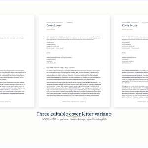 May include: Three white cover letter templates with black text. The text includes the words "Cover Letter" and "DOCX + PDF". The bottom of the image reads "Three editable cover letter variants".
