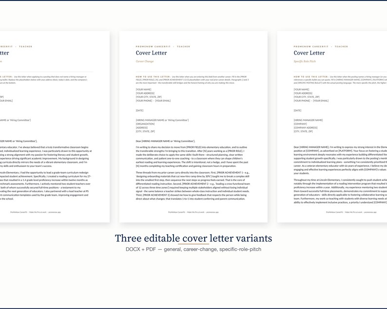 May include: Three white cover letter templates with black text. The text includes the words "Cover Letter" and "DOCX + PDF". The bottom of the image reads "Three editable cover letter variants".