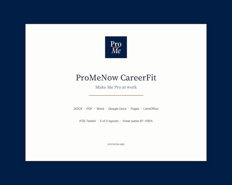 May include: A white background with the text "ProMeNow CareerFit" and "Make Me Pro at work." Below are file types: DOCX, PDF, Word, Google Docs, Pages, and LibreOffice. The text "ATS-Tested" and "promenow.app" are also visible.