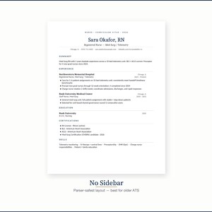 Puede incluir: Un curr&iacute;culum vitae blanco con texto negro. El curr&iacute;culum es para Sara Okafor, enfermera, e incluye secciones de experiencia, educaci&oacute;n y certificaciones. El curr&iacute;culum est&aacute; dise&ntilde;ado con un dise&ntilde;o limpio y profesional.