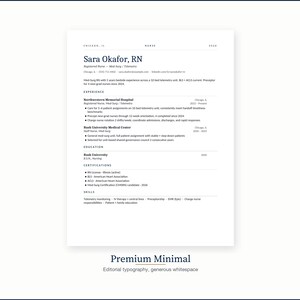 Puede incluir: Una plantilla de curr&iacute;culum minimalista con el nombre Sara Okafor, RN en la parte superior. El curr&iacute;culum incluye secciones para experiencia, educaci&oacute;n y certificaciones. La parte inferior de la imagen dice "Premium Minimal" con "Tipograf&iacute;a editorial, espacio en blanco generoso".