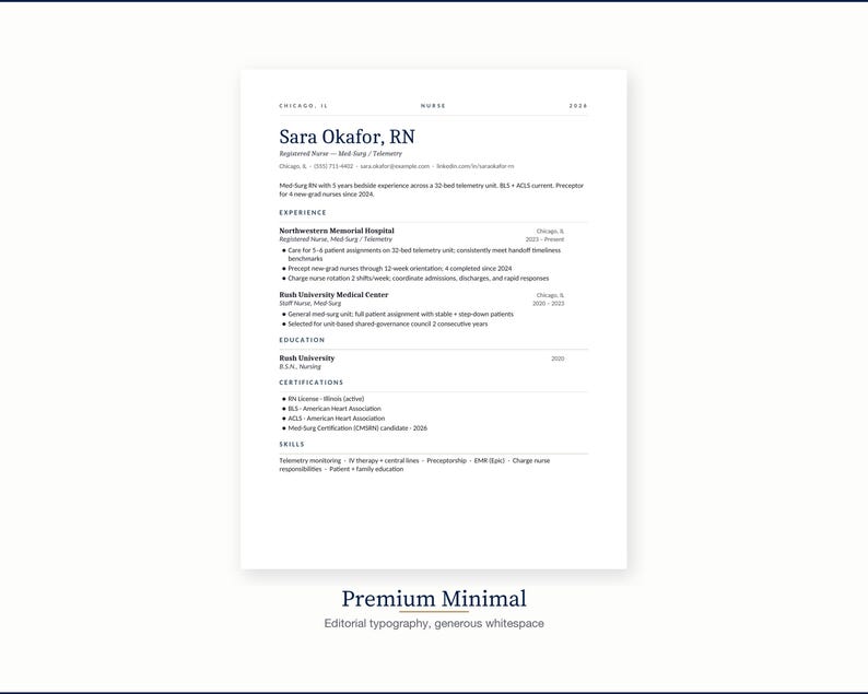 Puede incluir: Una plantilla de curr&iacute;culum minimalista con el nombre Sara Okafor, RN en la parte superior. El curr&iacute;culum incluye secciones para experiencia, educaci&oacute;n y certificaciones. La parte inferior de la imagen dice "Premium Minimal" con "Tipograf&iacute;a editorial, espacio en blanco generoso".
