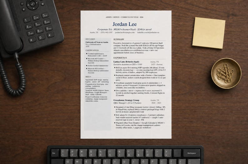May include: A resume with the name "Jordan Lee" is displayed on a wooden desk, alongside a black telephone, a keyboard, a small brass dish with paper clips, and a yellow sticky note. The resume includes text.