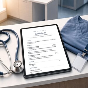 Puede incluir: Un estetoscopio azul descansa junto a una tableta que muestra un curr&iacute;culum vitae. Tambi&eacute;n hay una parte superior de uniforme m&eacute;dico azul y una tarjeta de identificaci&oacute;n en blanco. El curr&iacute;culum es para Sara Okafor, enfermera, con experiencia y certificaciones.