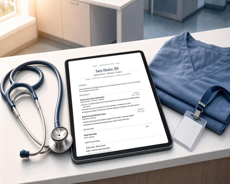 Puede incluir: Un estetoscopio azul descansa junto a una tableta que muestra un curr&iacute;culum vitae. Tambi&eacute;n hay una parte superior de uniforme m&eacute;dico azul y una tarjeta de identificaci&oacute;n en blanco. El curr&iacute;culum es para Sara Okafor, enfermera, con experiencia y certificaciones.