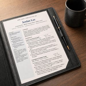 May include: A resume titled "Jordan Lee" in a black leather portfolio, with a pen, stapler, mug, and succulent plant on a wooden surface. The resume includes a summary, experience, and education sections.