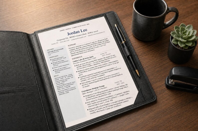 May include: A resume titled "Jordan Lee" in a black leather portfolio, with a pen, stapler, mug, and succulent plant on a wooden surface. The resume includes a summary, experience, and education sections.