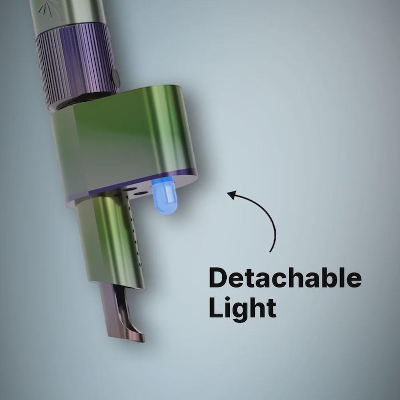 May include: A metallic tool with a gradient green and purple finish featuring a small, blue, detachable LED light component. The device has a cylindrical body with a textured grip section and a curved tip. The text Detachable Light is present.