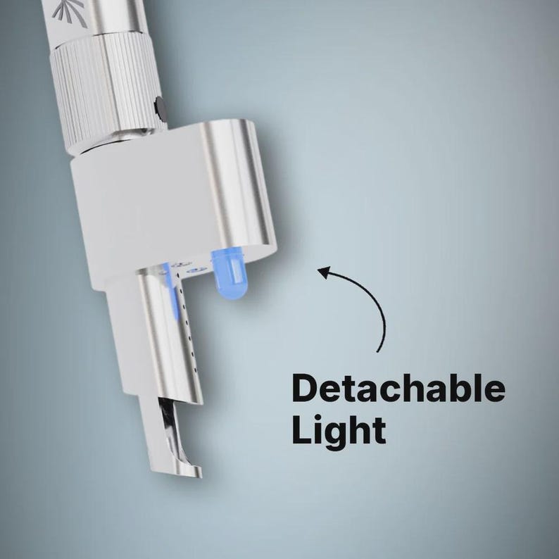 May include: A silver-colored metal tool attachment featuring a small, blue, detachable LED light component. The device has a cylindrical body with a textured grip section and a curved, pointed tip. The text Detachable Light is visible.