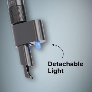May include: A dark gray cylindrical tool attachment featuring a small, bright blue LED bulb protruding from the side. The component includes a textured grip section and a curved metal tip. Text next to the light reads Detachable Light.