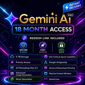 May include: A digital graphic promoting Gemini AI, featuring a dark blue and purple background with neon lines. The text includes "Gemini AI," "18 MONTH ACCESS," and various features like "5 TB Storage" and "Advanced Image Generation."