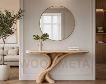 Natural Solid Wood Console Table, Sculptural Split Base Entryway Table, Handmade Hallway Sofa Table, Modern Wood Accent