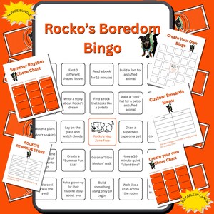 May include: A digital download featuring Rocko's Boredom Bingo, chore charts, and a rewards menu. The orange and white design includes prompts like "Read a book for 15 minutes" and "Draw a superhero cape on a pet." Includes the text "Editable in Canva."