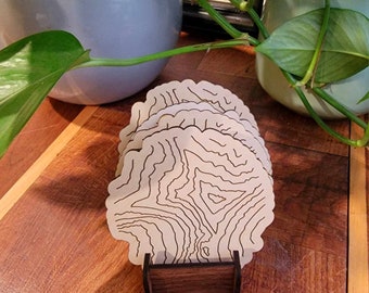 Topography Map Wooden Coasters with Wooden stand - Lazer engraved