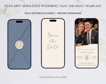 Dusty Blue Wedding Save the Date Invitation, Envelope reveal • (Editable Canva Template)