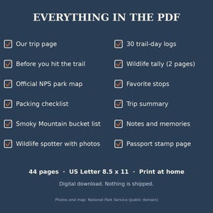 May include: A dark blue digital document titled EVERYTHING IN THE PDF listing 44 pages of content including a trip page, trail-day logs, wildlife tally, park map, packing checklist, trip summary, bucket list, notes, and passport stamp page.