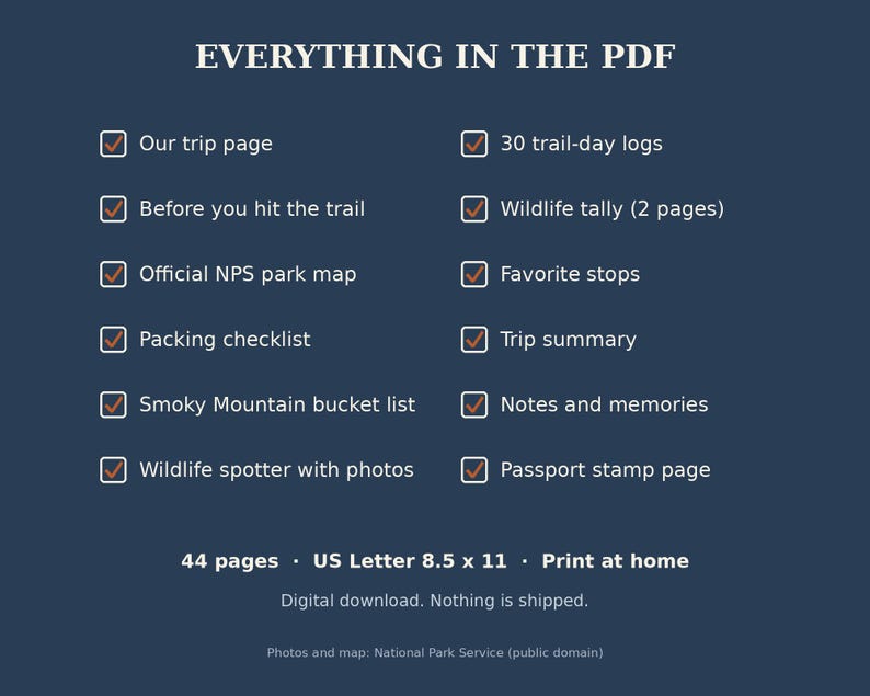 May include: A dark blue digital document titled EVERYTHING IN THE PDF listing 44 pages of content including a trip page, trail-day logs, wildlife tally, park map, packing checklist, trip summary, bucket list, notes, and passport stamp page.