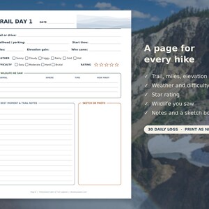 May include: A white hiking log page titled TRAIL DAY 1 with fields for trail name, date, miles, elevation, weather, and difficulty. It includes sections for wildlife sightings, notes, and a sketch box, plus text stating 30 DAILY LOGS.