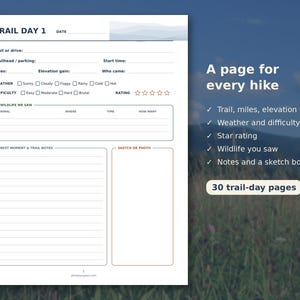 May include: A white hiking log page titled TRAIL DAY 1 with fields for date, trail name, trailhead, start time, miles, elevation gain, weather, difficulty, star rating, wildlife sightings, trail notes, and a box for a sketch or photo.