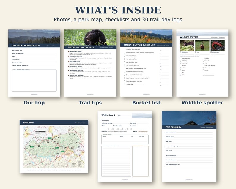 May include: A collection of printed pages titled What's Inside, featuring a Smoky Mountain trip log, trail tips, a bucket list, a wildlife spotter, a park map, a daily trail log, and a trip summary with various text and images.