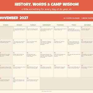 Op de afbeelding: Een wandkalenderpagina voor november 2027 met de titel History, Words & Camp Wisdom. Het raster bevat dagelijkse notities met tekst over het kamp, jagen en lokale geschiedenis. Ontwerp met een rode koptekst en een cr&egrave;mekleurige achtergrond.