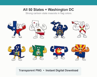 May include: A digital collection titled FLEX STATES CLIPART featuring 50 states and Washington DC as cartoon mascots with muscular arms and legs. Each character displays the colours and symbols of its respective state flag on its body.